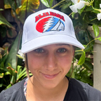 Blue Bajahaha baseball cap with Grateful Dead logo on model.